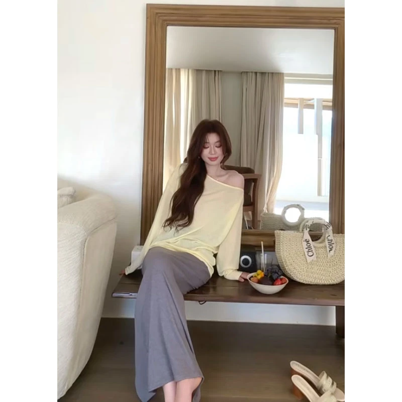慵懒风夏季新款防晒休闲百搭洋气微透长袖上衣高腰包臀半身裙长裙
