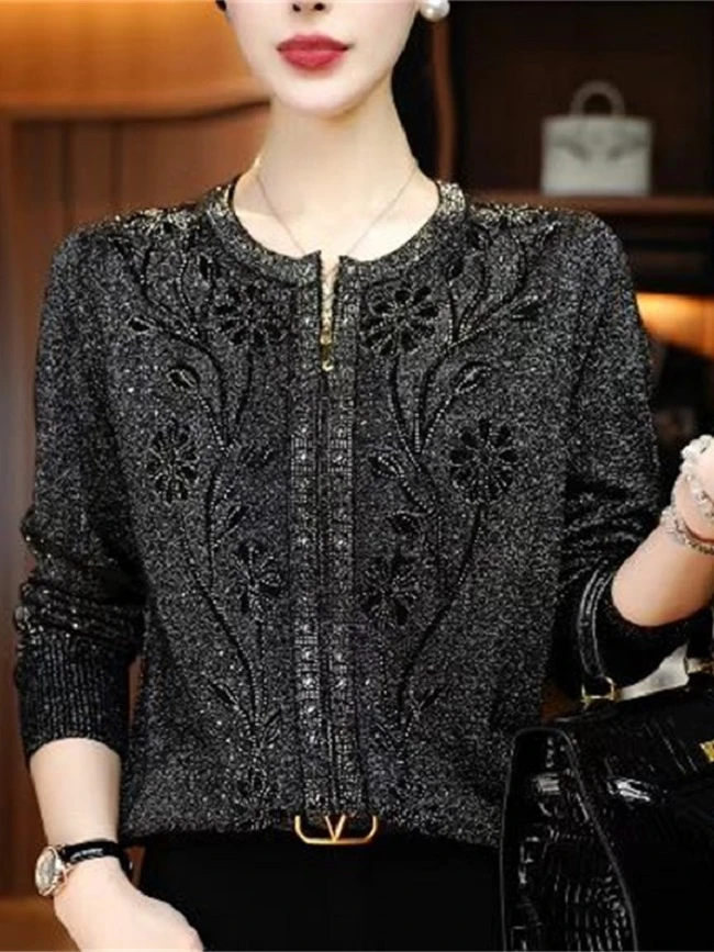 早秋新款显瘦显白时尚气质百搭重工烫钻针织开衫拉链外套V24M0701