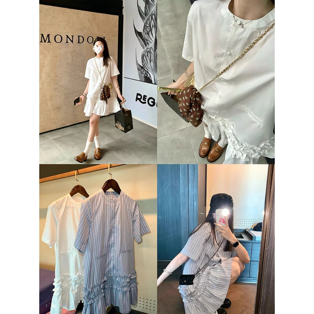 月光少女 两色荷叶花边减龄短袖连衣裙立领宽松短裙夏季新款