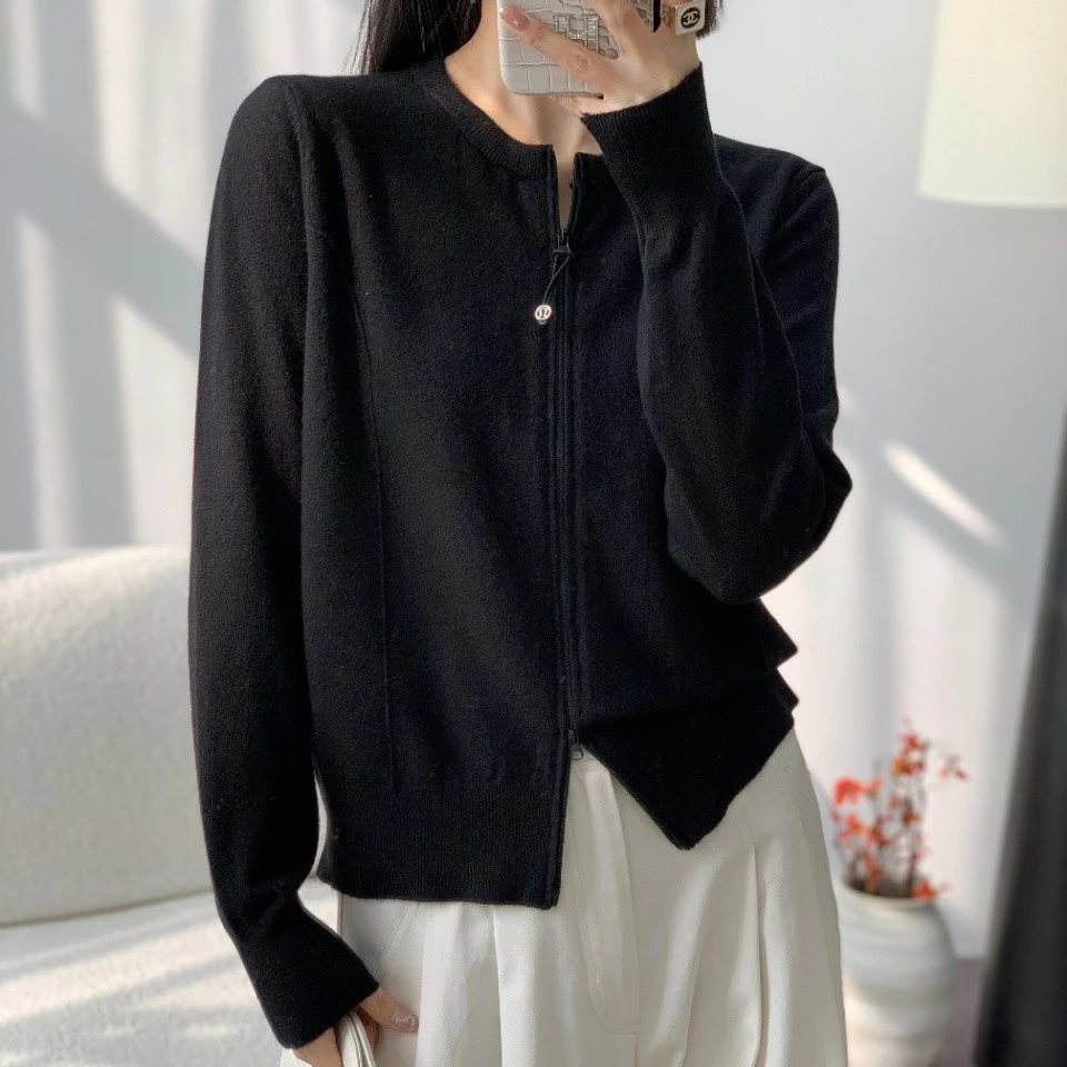 2025早春新款圆领双拉链针织开衫女外套洋气减龄百搭上衣外搭