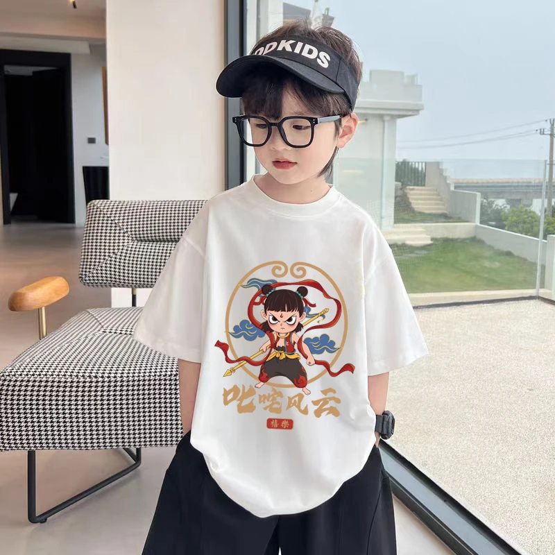 哪吒-叱咤风云 趣味文字男女童圆领宽松休闲百搭T恤短袖春秋洋气