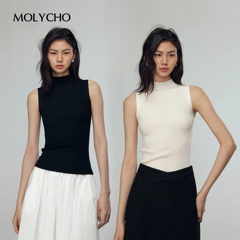 MOLYCHO 半高领无袖针织背心女夏季2025年新款修身显瘦打底衫上衣