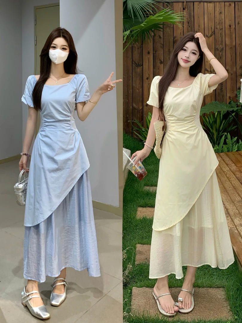 大码法式气质设计感不规则方领泡泡袖连衣裙夏季收腰褶皱长裙983