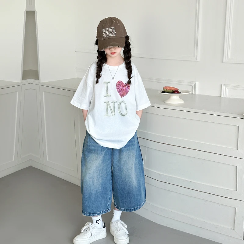 女童短袖T恤八分牛仔裤套装2025夏季新款6-12岁小女孩洋气两件套