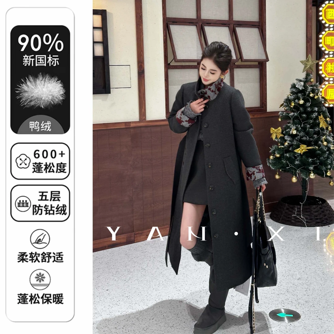 【言希】【 秀场款】高级灰撞色拼接外套韩系长款羽绒大衣YXD5YRF1972