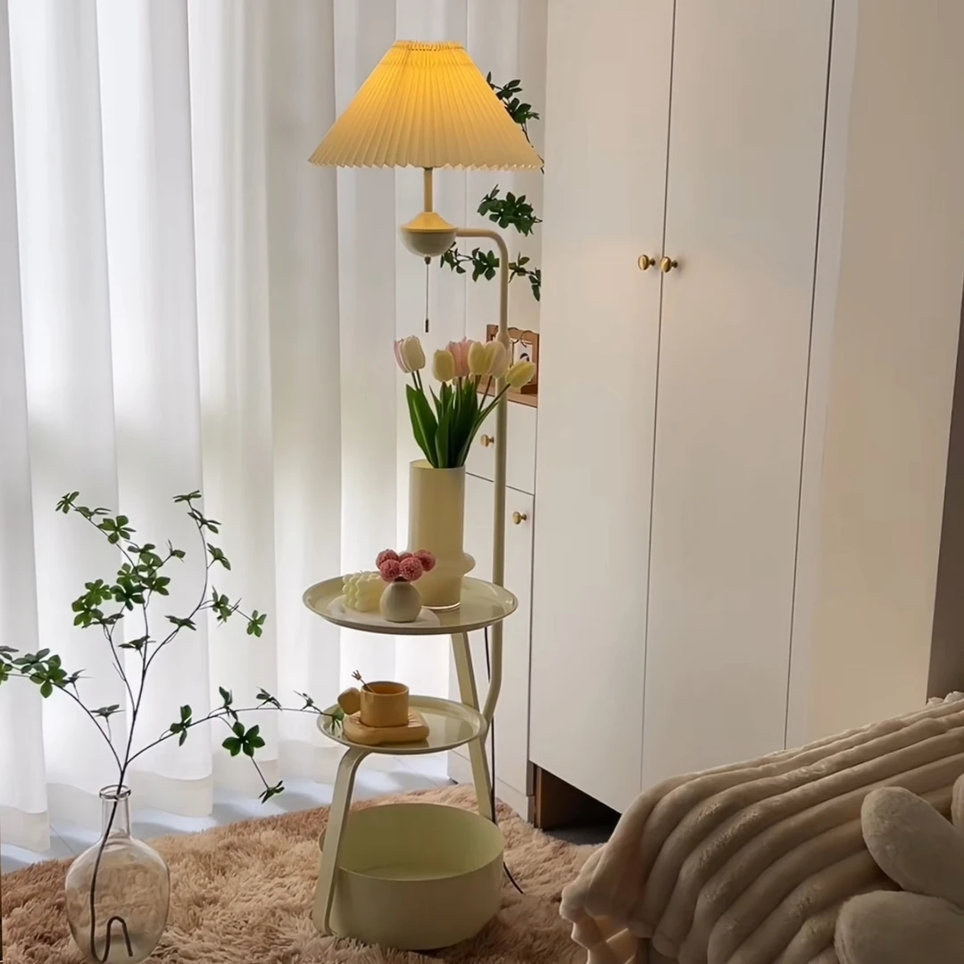 奶油风置物架百褶落地灯现代简约客厅沙发边几卧室床头氛围立式灯
