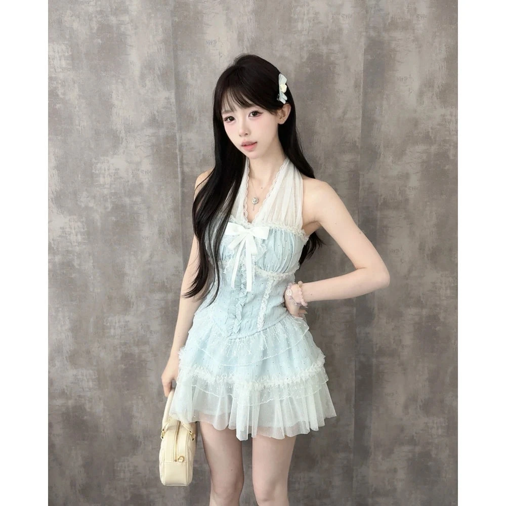 法式纯欲风蕾丝拼接网纱挂脖上衣套装夏季气质蓬蓬公主短裙两件套