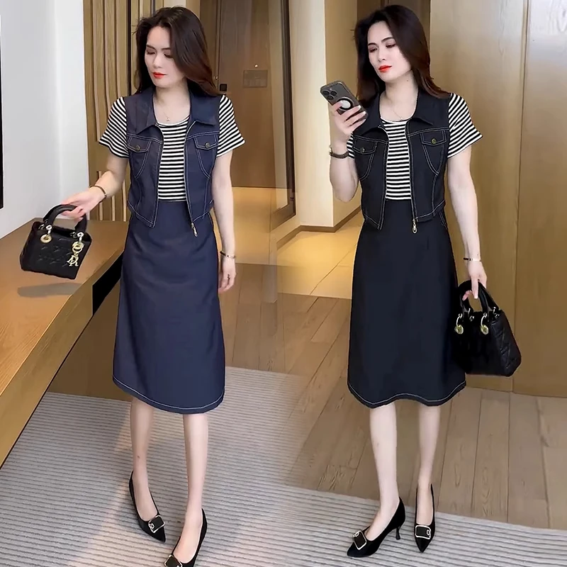 假两件连衣裙套装女2025夏季新款洋气显瘦中长款裙子减龄两件套潮