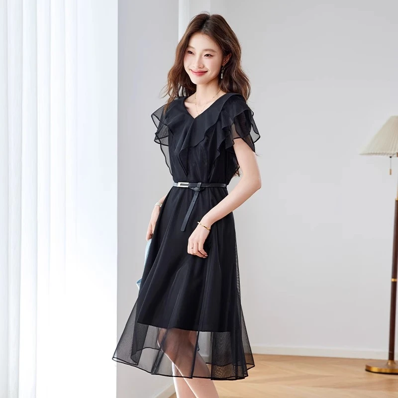 黑色夏天短袖雪纺连衣裙2025新款流行爆款高级感气质礼服高端裙子