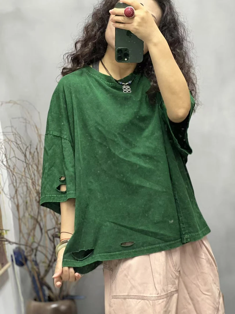 006 5115 夏季新品炒色休闲百搭圆领破洞上衣女士T恤胸围146长60