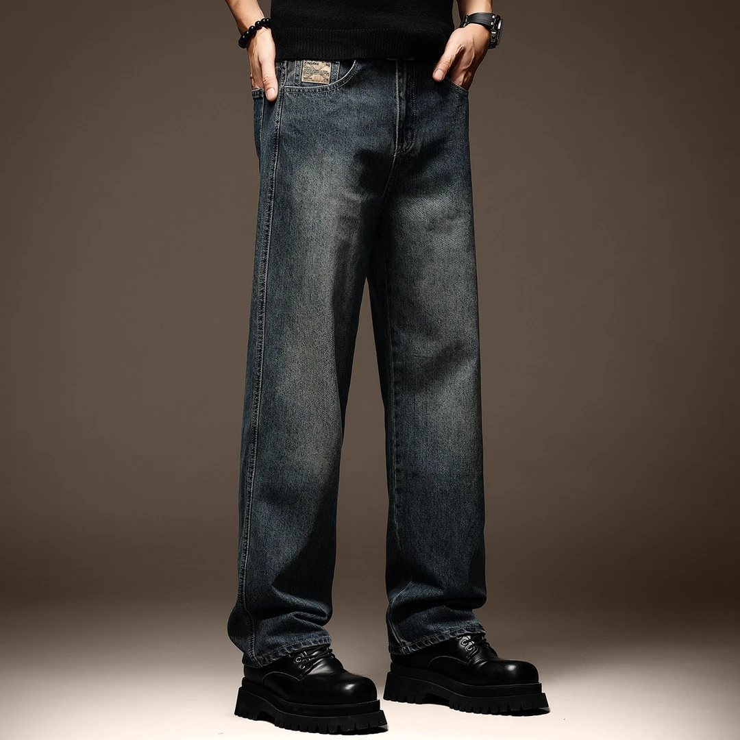 帛延高端美式复古蓝色牛仔裤男潮牌休闲秋季加绒阔腿宽松直筒裤子