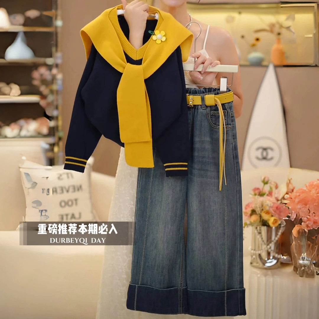 女童2025秋季新款V领披韩版新款儿童针织女孩秋装套装八岁百搭