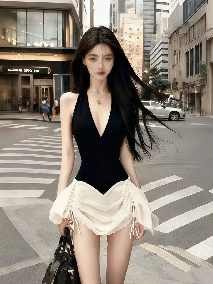 新款气质名媛黑色V领无袖修身收腰连衣裙【下裙为抽绳需自行调整】