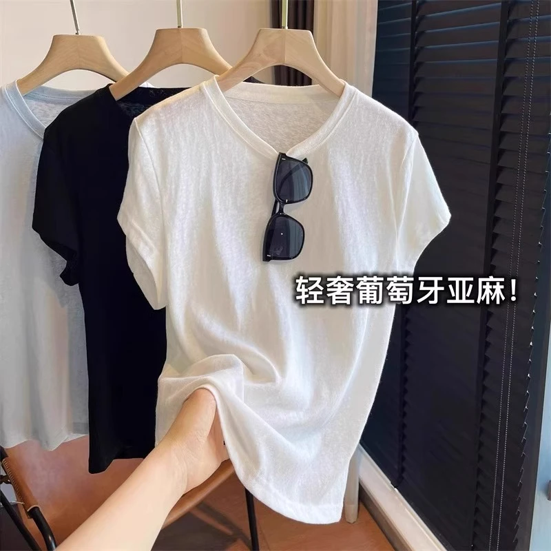 芯娇晴白色正肩短袖t恤女夏季薄款小飞袖圆领宽松显瘦打底衫上衣