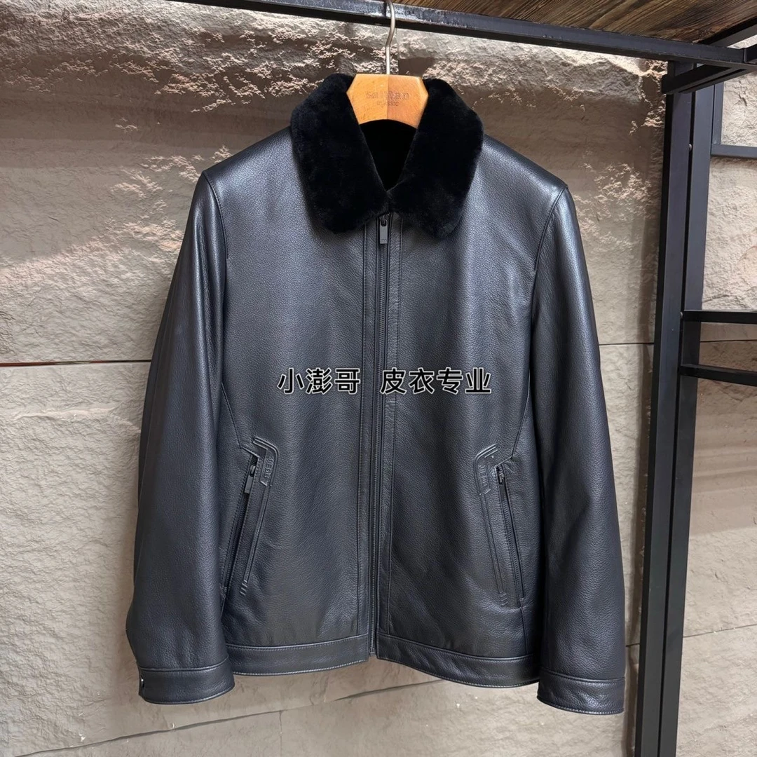 牛皮皮毛一体羊毛内胆翻领真皮皮衣男士冬季外套保暖加厚