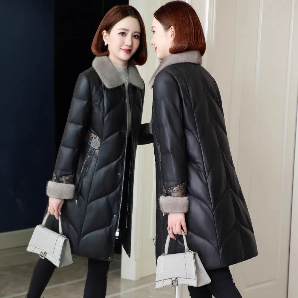 2025年冬季新款妈妈国风真皮羽绒服中长款水貂毛领保暖皮衣外套