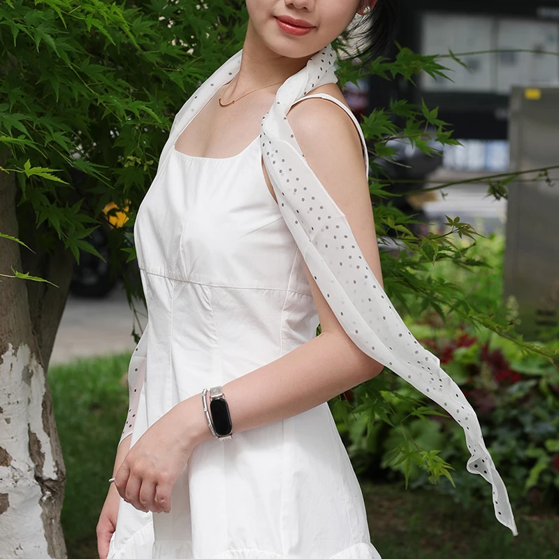 臻丝逸乔其丝巾飘带长条领巾轻盈时尚波点护脖围桑蚕丝巾港风星辰