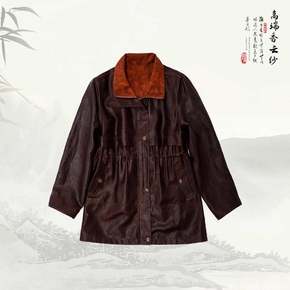 新款香云纱红油皮子龟纹复古风衣外套539760