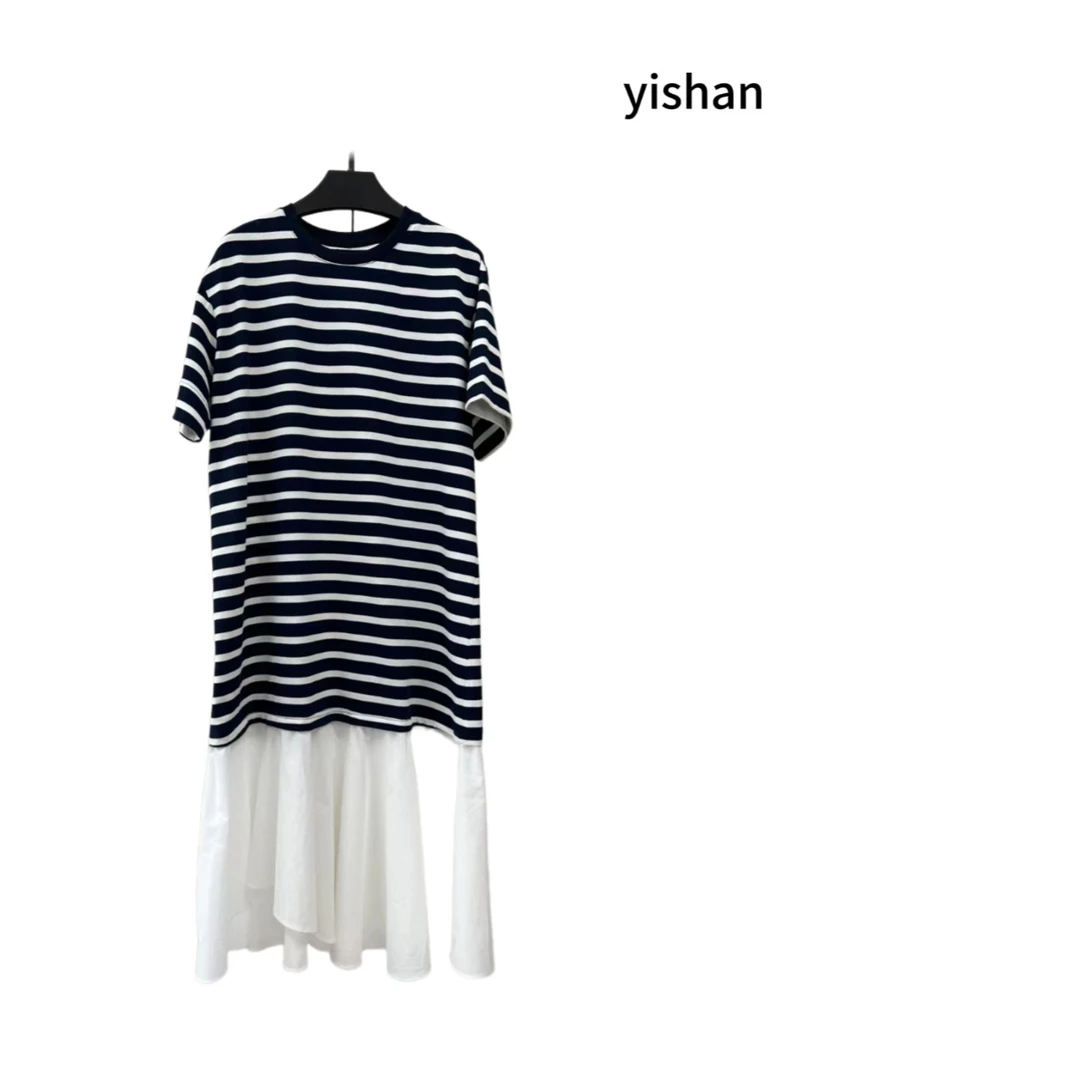 藏青白条鱼尾长连衣裙气质时尚休闲夏季宽松条纹中长款百搭设计师