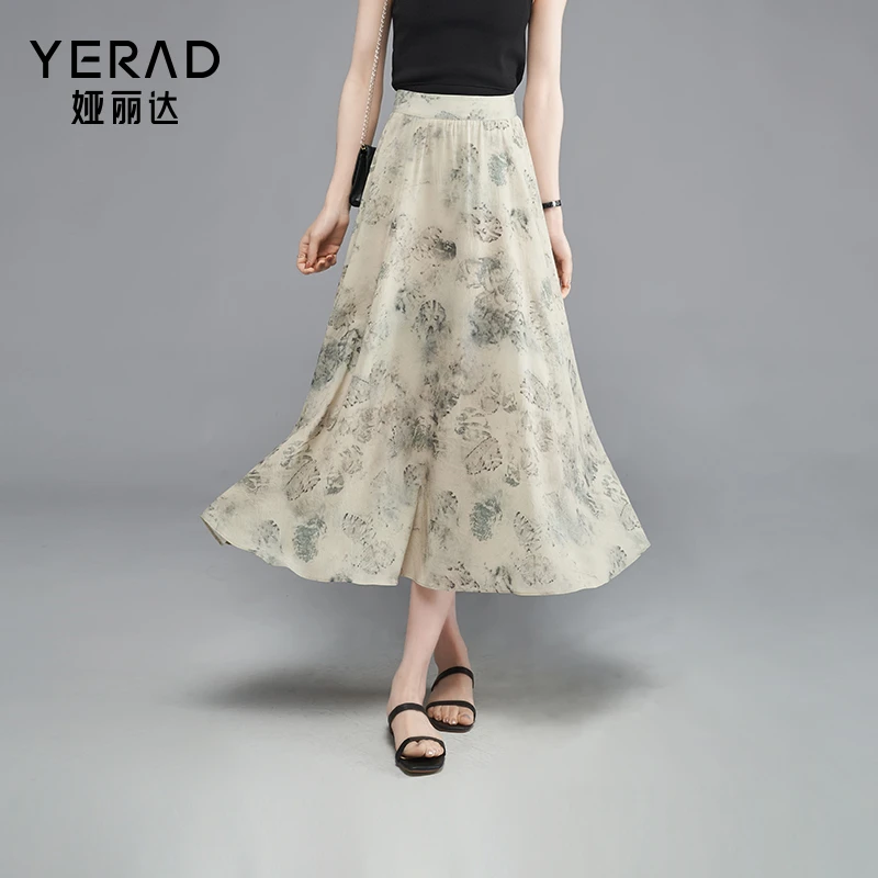 【断码不补单】娅丽达新中式荷塘印花国风半身裙女a字伞裙显瘦长裙