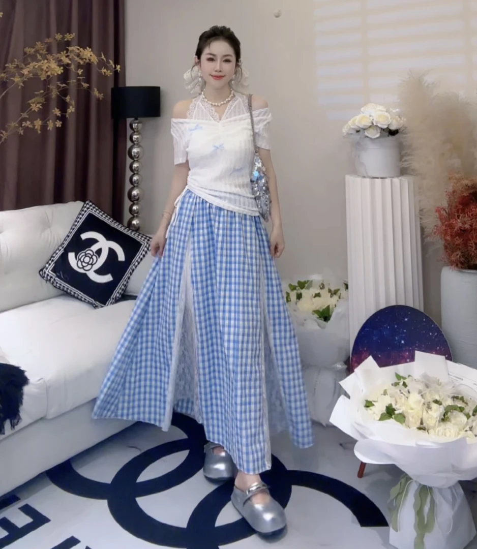 L.X~切糕自制小个子设计感长裙女长款裙子独特漂亮格子半身裙6386