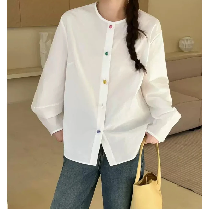 【茵姐推荐】新款女装白色圆领衬衣彩色单排扣宽松长袖百搭衬衫3288