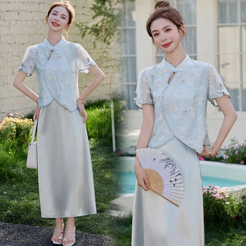 新中式国风刺绣套装裙女2025夏季新款复古盘扣名媛风半身裙两件套