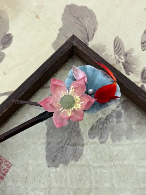 清旖 原创手作 非遗绒花 锦鲤荷花 古风汉服旗袍发饰