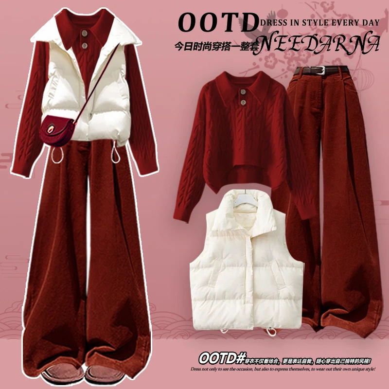 圣诞穿搭独特漂亮超好看冬装一整套miu里miu气新年战袍红色套装裤