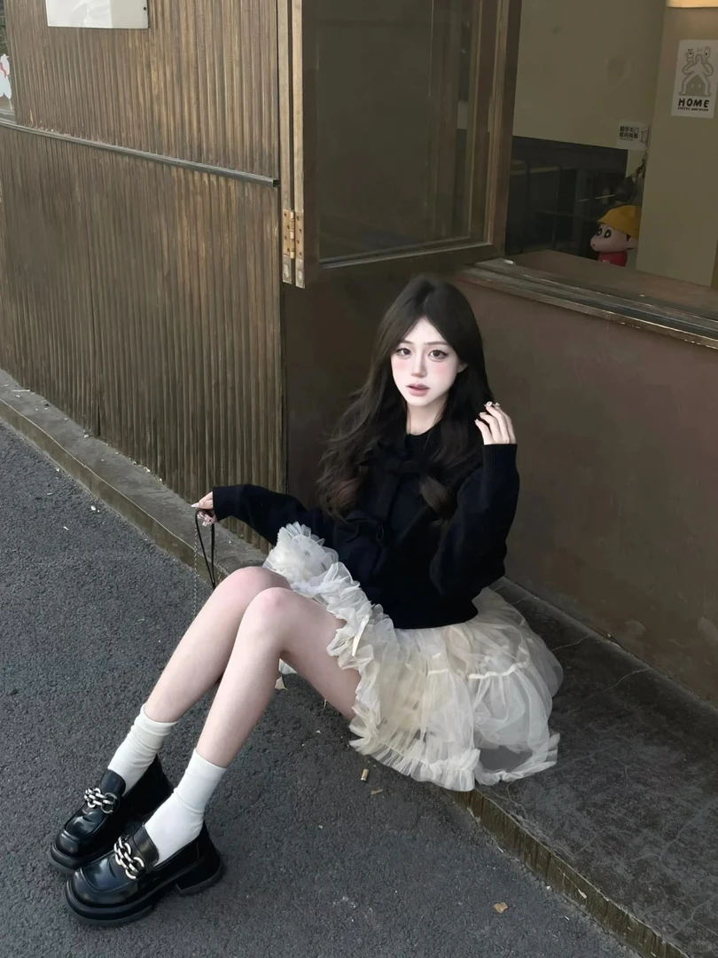 韩系设计感蝴蝶结系带长袖毛衣开衫外套女2025春季新款显瘦半身裙