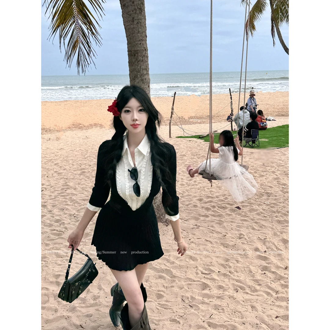 现货 LIBAIYI 艺术生/衬衫领拼接V领百褶连衣裙1393