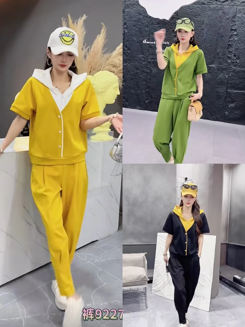 时尚女士休闲套装衬衫领拼接设计显瘦哈伦裤轻奢风9227，7986