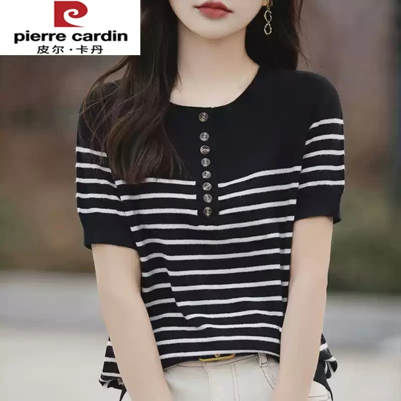 皮尔卡丹冰丝针织短袖t恤女2025新款时尚纽扣条纹爆款加大码女装