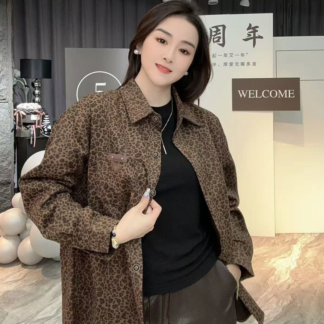 5519*秋季新款时尚复古美式宽松百搭慵懒豹纹外套衬衫上衣女