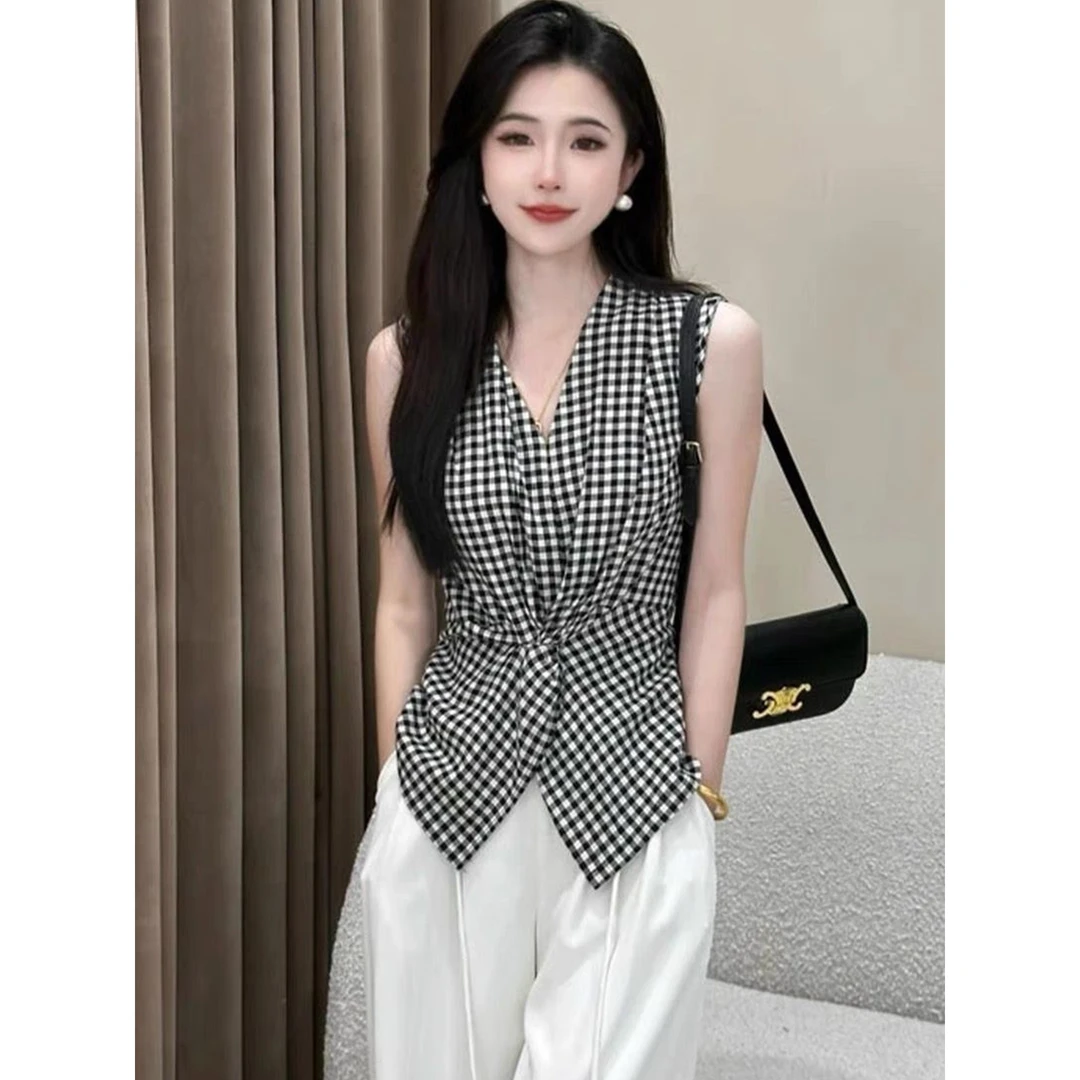 设计感扭结收腰系带格子衬衫女夏季韩系百搭小衫无袖背心V领上衣
