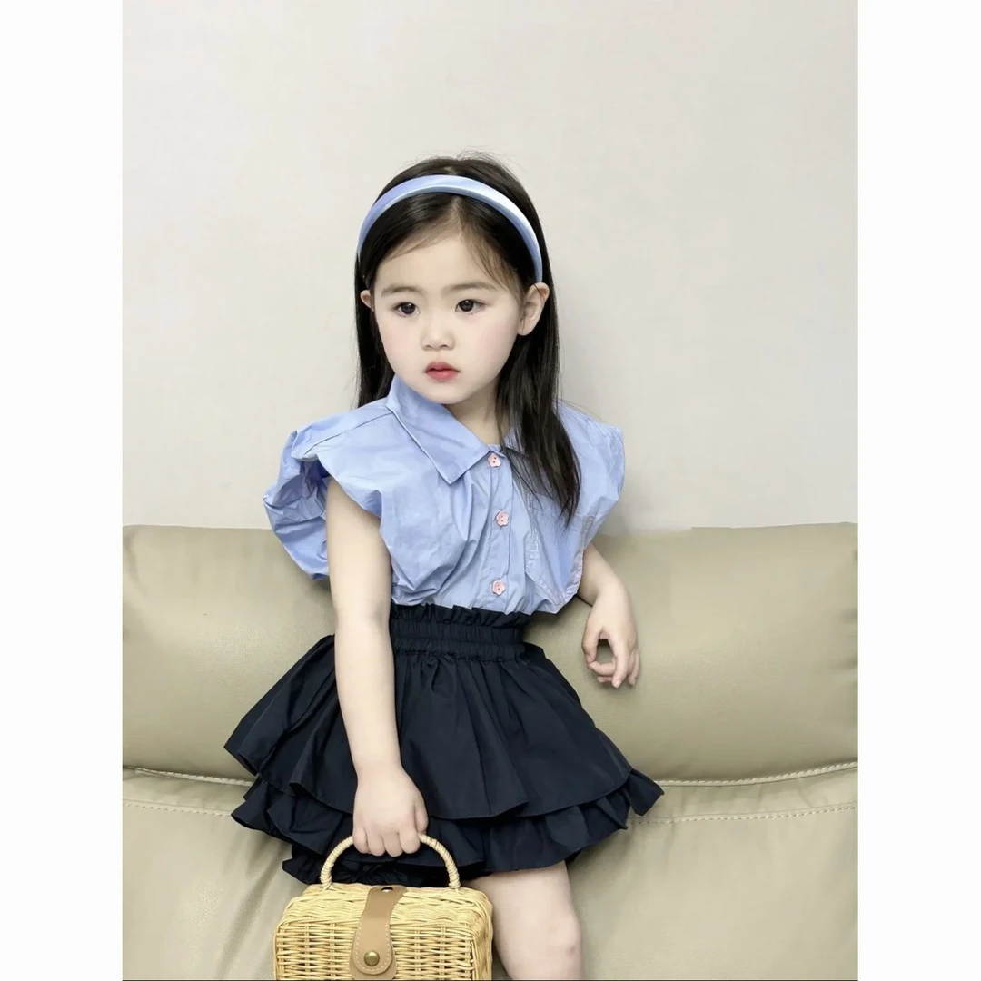 【特价】韩版童装23女童短袖衬衫套装洋气女宝宝学院风花苞