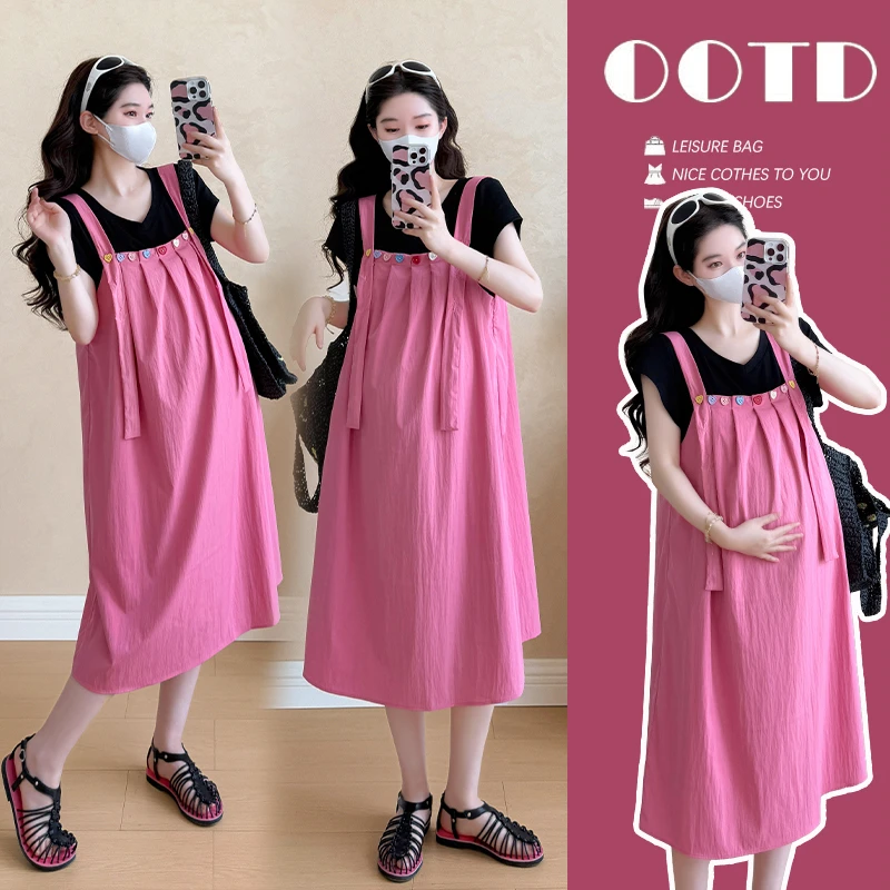 孕妇套装法式小清新设计套头短袖上衣女装2025夏新款背带裙两件套