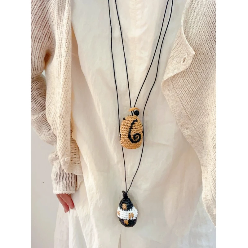 非金属木质吊坠 手工pp草编织吊坠项链小众藏香柏御守锦囊毛衣链
