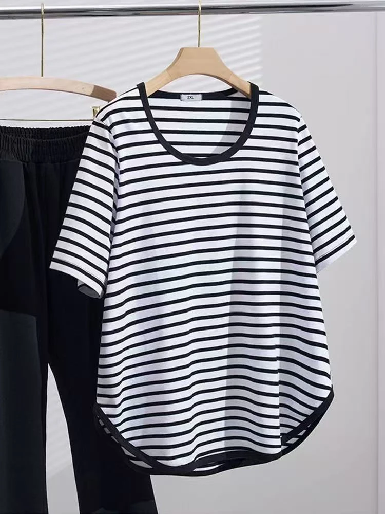 中长款条纹短袖纯色撞色条纹T恤休闲大码多巴胺穿搭
