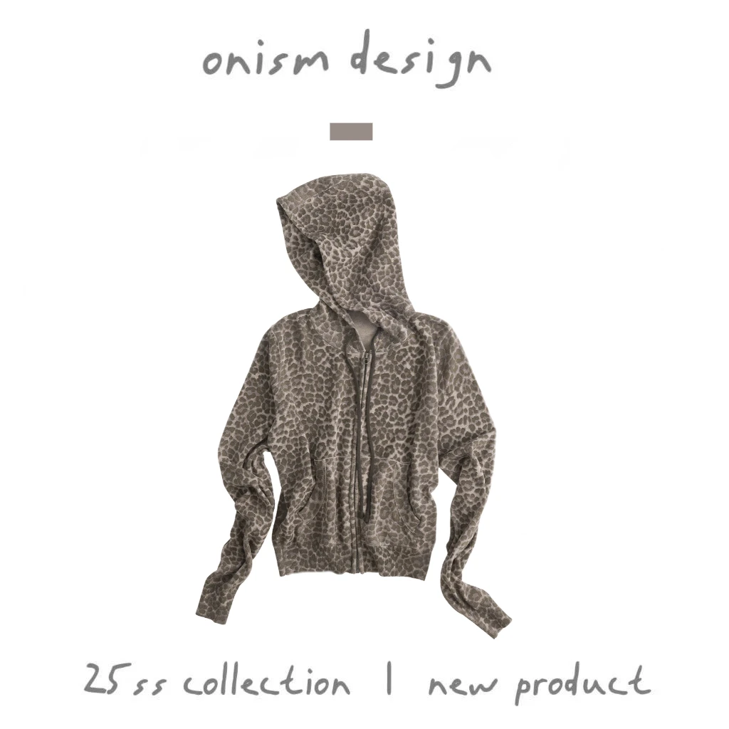 “曲奇豹”高级又撩人环保水印豹纹磨毛洗旧工艺连帽正肩毛衣开衫