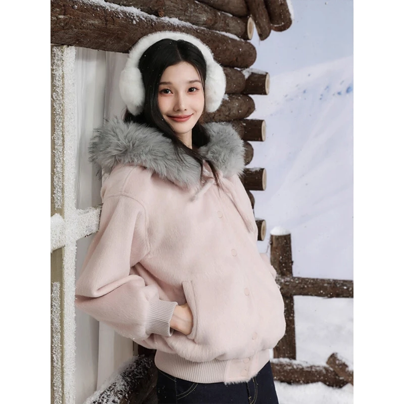 【初雪那天】蝴蝶结绑带粉色气质大毛领外套女秋冬季加厚连帽上衣