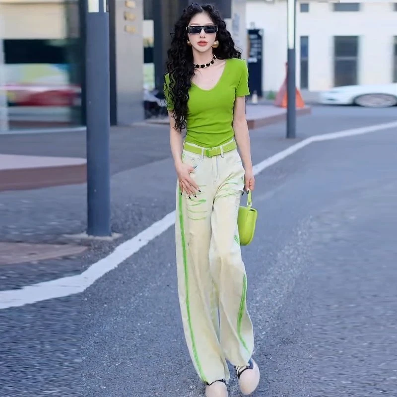 夏季气质高腰短款恤显瘦时尚蓝色拼接绿色涂鸦破洞直筒牛仔裤