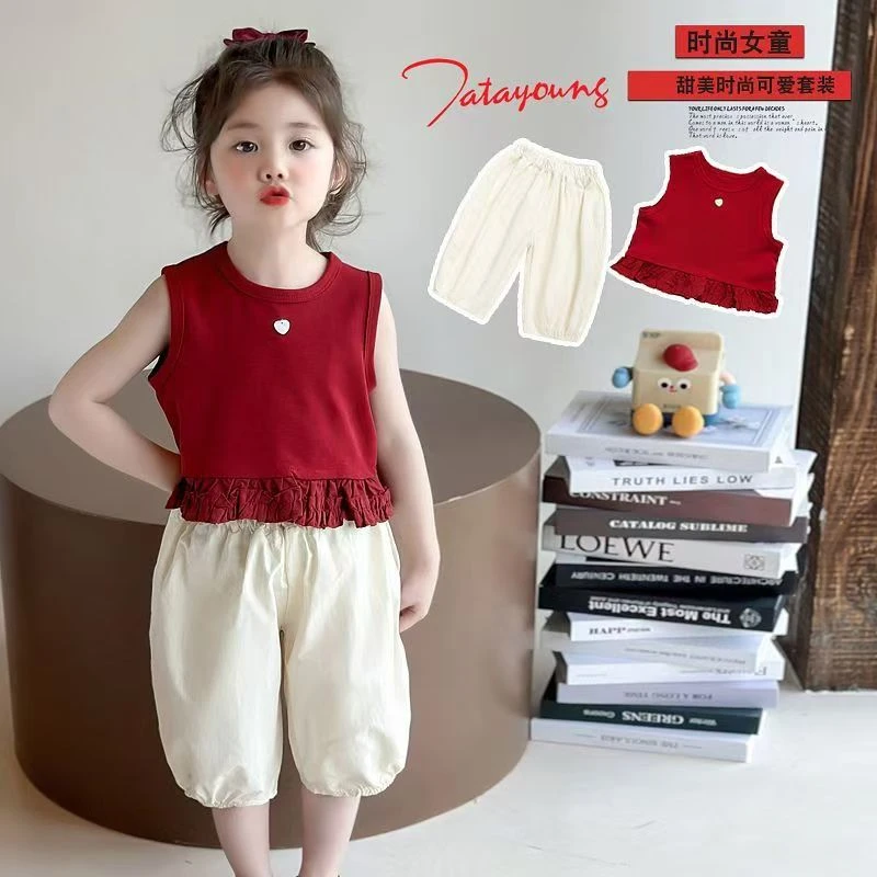 2025夏季新款女童套装女宝宝韩版纯色甜美休闲无袖短裤两件套