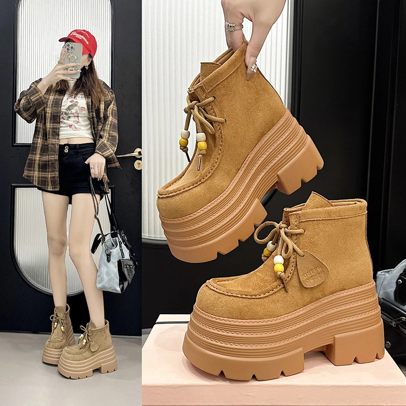 10cm马丁靴女2025新款爆款百搭秋冬季复古增高短靴厚底松糕高帮鞋