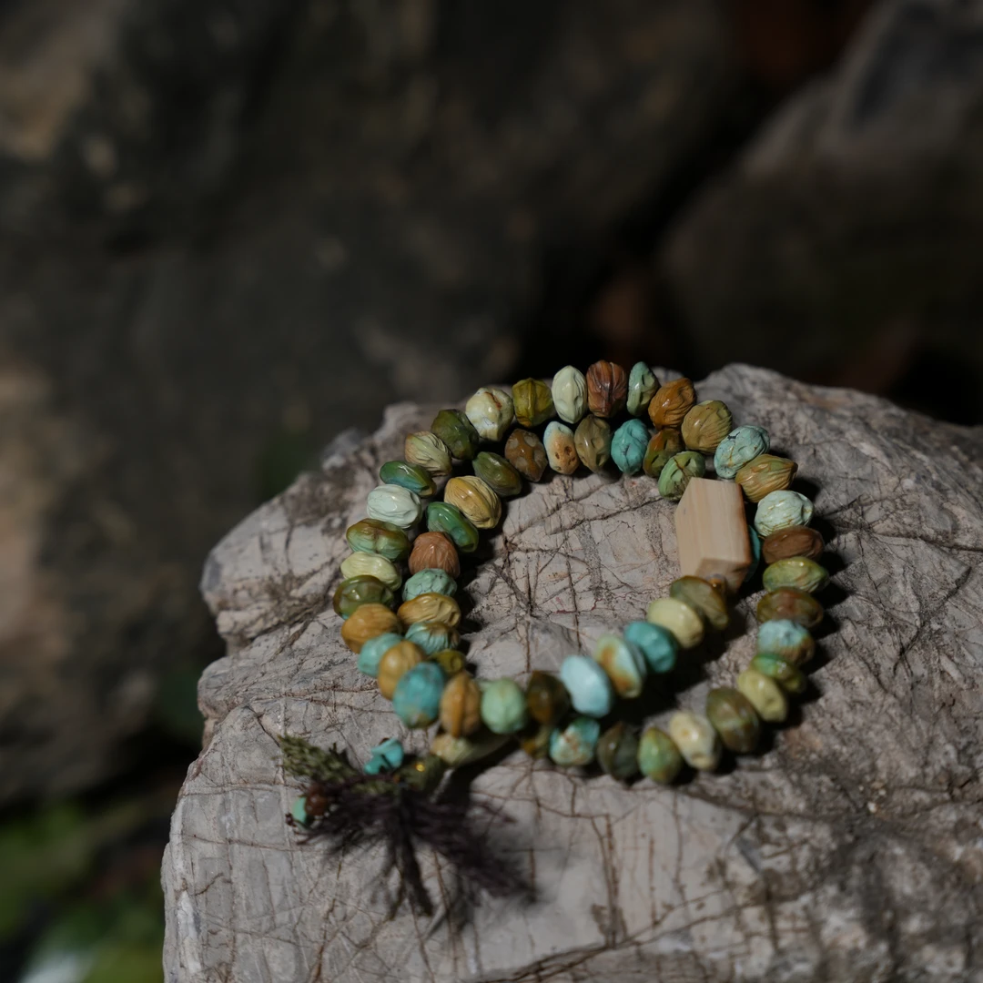 【柿间浅憩】全手工*绿松百香籽双圈 *象牙门神*手串