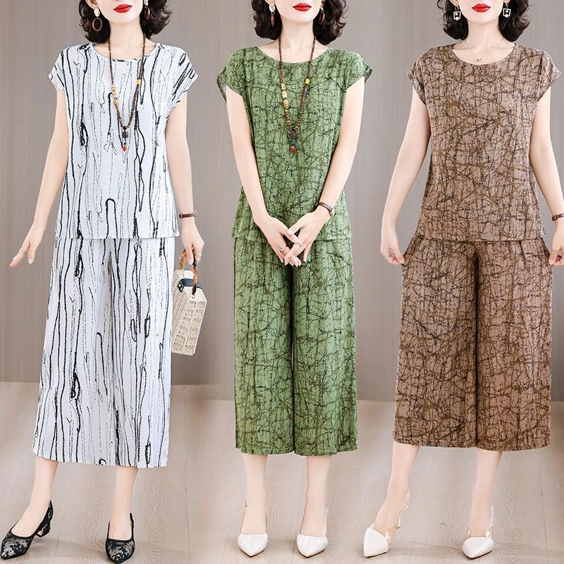 棉绸套装女夏季新款时尚休闲可外穿短袖宽松显瘦七分阔腿裤家居服