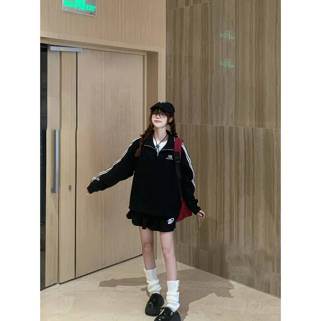 SUMBUR秋冬季加绒设计感半拉链卫衣女美式三杠ins运动风立领上衣