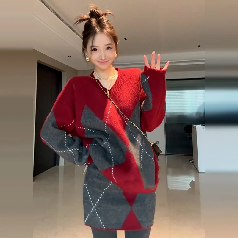 GN9347红色格纹毛衣2025新款针织连衣裙子女春秋季新年战袍套装