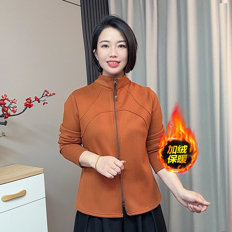 妈妈装加绒显瘦拉链开衫女纯色休闲保暖立领时尚百搭双拉链卫衣