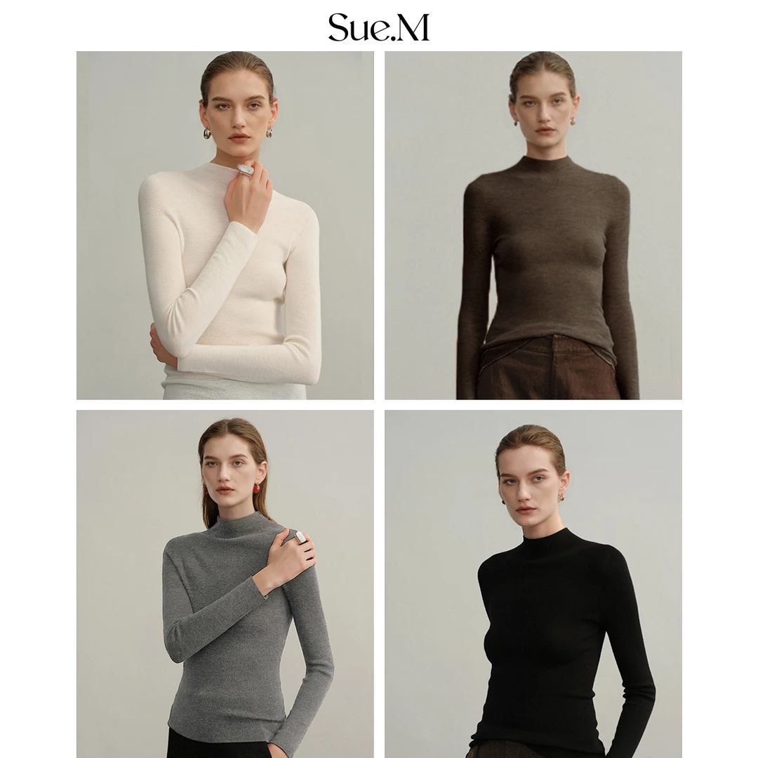Sue.m针织半高领打底衫一体成型打底高领毛衣女25秋冬修身百搭